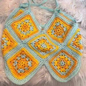 Crochet Square Halter Tank Top - Yellow & Light Blue